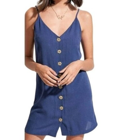 La Miel V-Neck Button Front Mini Dress Denim Blue Mini Dress Size Large NWT - Picture 1 of 2